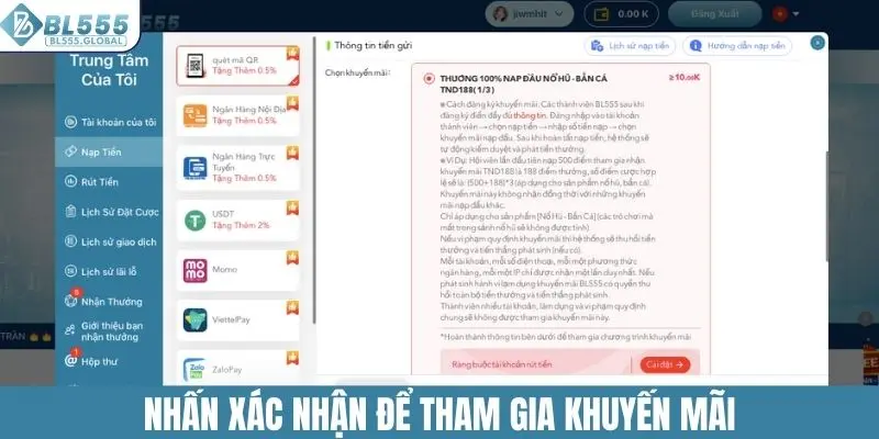 Nhấn xác nhận để tham gia khuyến mãi BL555